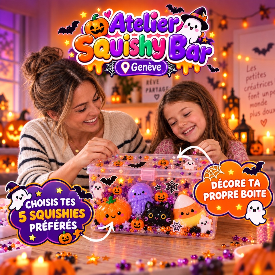 Une maman et sa fille décorent leur boîte à l'Atelier Squishy Bar Genève — édition Halloween