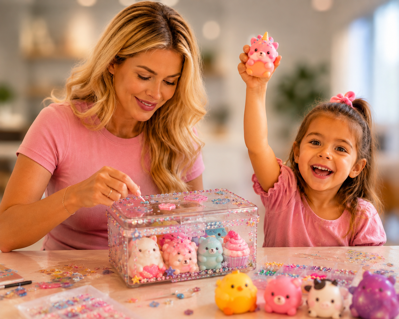 Une maman et sa fille décorent une boîte de squishies ensemble
